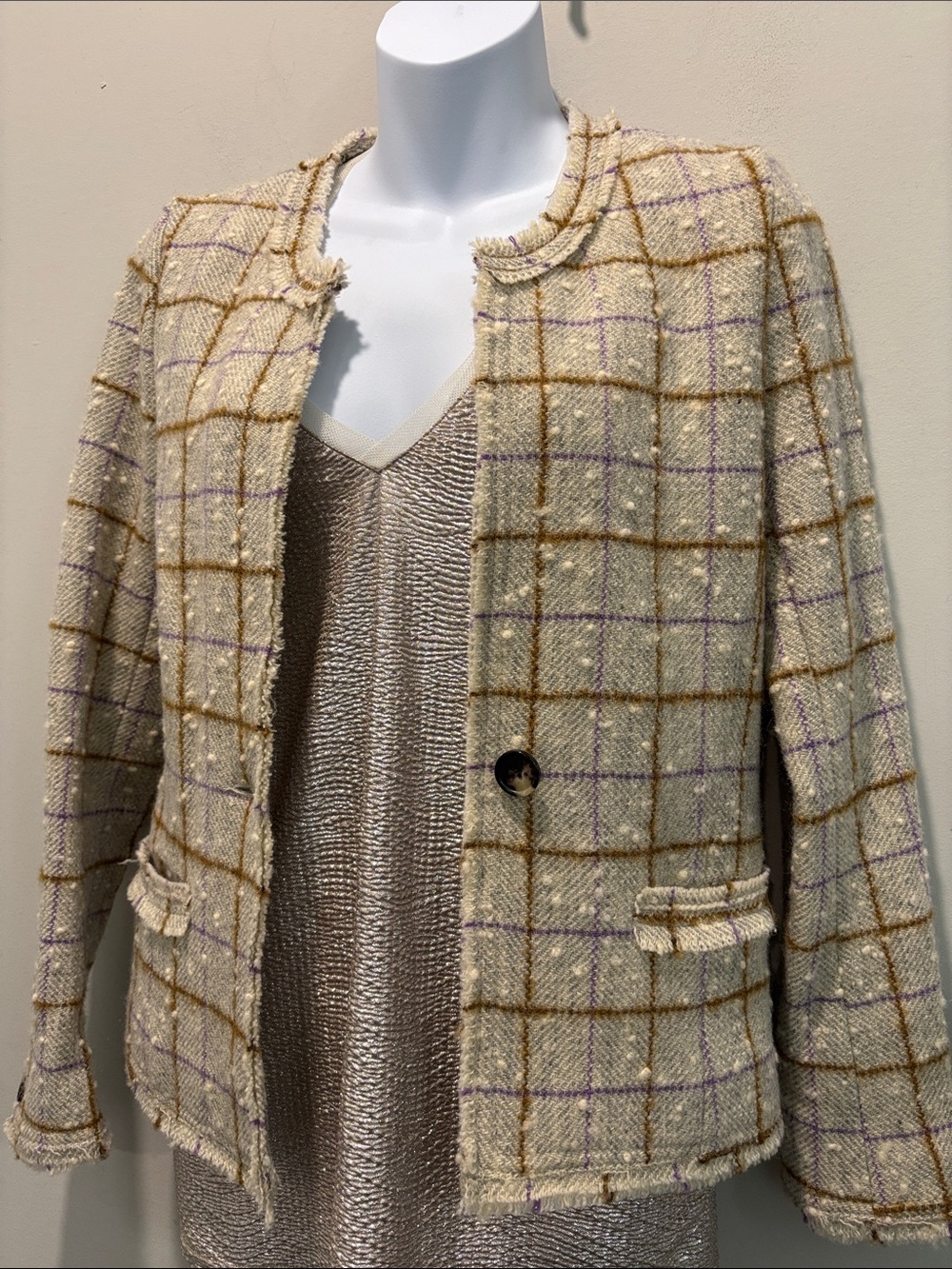 Isabel Marant Etoile Cream Wool Tweed Plaid Blazer Fringe Trim Size 36 - Picture 11 of 16